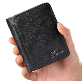 Billetera para Hombre Piel, Cartera para Hombre Plegable Triple con RFID Bloqueo, Cartera para Caballero de Cuero Genuino, Billetera Hombre Delgado, 11 Ranura para Tarjetas de Crédito (Negro)