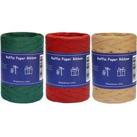 HAMUIERS Raffia Ribbon for Gift Wrapping, 3 Rolls Christmas Ribbon for Craft, Packing Paper Twine Ribbon - Red Green Kraft, 1/4'' Wide, 327 Yards