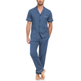 EA'S SECRET 100% Cotton Men's Sleepwear Short Sleeve Top and Long Pants Pajama Set Summer Breathable Pjs with Pockets(Blue,XL