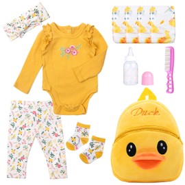 Reborn Baby Doll Clothes with Backpack Diapers Set for 17-22 Inch Baby Dolls Bright Yellow Baby Dolls Clothes Outfits 11 Pieces of Pack