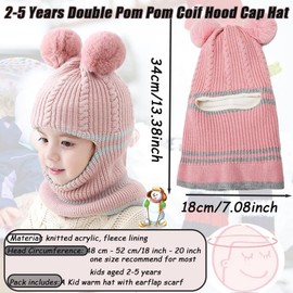 Kids Winter Knit Hat Hooded Scarf Set 2-5 Years Double Pom Pom Coif Hood Cap Hat Thicken Fleece Lined Bobble Hat Crochet Neck Warmer Neck Collar Head Wraps Earflap Beanies Caps for Girls Boys