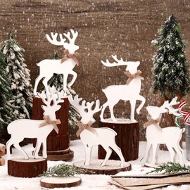 Vercraft 5 Pcs Tabletop Reindeer Christmas Decoration Wooden Rustic Standing Reindeer Decorative White Deer Christmas Decor Vintage Christmas Tiered Tray Decor with Rope Knot for Home Table