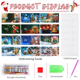 12Pcs Christmas Diamond Art Cards 5D DIY Christmas Diamond Art for Adults Beginners Christmas Gnomes Snowman Candy Cane Elk Bell Xmas Winter Greeting Cards for Holiday Craft Card Making