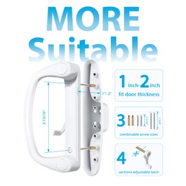 Probrico Patio Sliding Door Handle Set with Mortise Lock, Non-Keyed Sliding Glass Door Handles Replacement 45°, Reversible White Sliding Door Lock Set 3-15/16" Hole Spacing, 1" to 2" Thick Doors