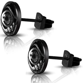 SIISPRI 316L Surgical Stainless Steel Evil Eye Earrings Round Circle Button Stud Post Earrings 10MM (black+silver)