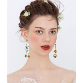 arete geométricos asimétricos de luna para mujer, diseño único de semicírculo y triángulo en latón y vidrio multicolor, Latón, No es una piedra preciosa
