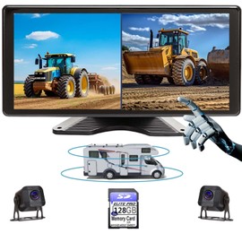 Skid Steer 2 Split Touchable Screen 128GB Large Audio 1080P Image 11 Inch Monitor Backup Camera Built-in DVR Video for RV Truck Trailer Rear Front Reversing View Wired System RV102