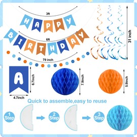 Blue and Orange Party Decorations Happy Birthday Banner Decoration Blue Dog Party Decorations with Hanging Swirls Streamers Honeycomb Balls Circle Dots Garland for Birthdays Party Supplies