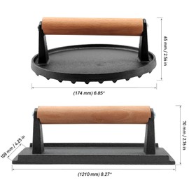 MOUYAT 2 Pack Cast Iron Grill Press, 6.8 Inch Round and 8 Inch Rectangle Heavy Grill Weight Bacon Griddle Press with Wooden Handle, Flat Cooking Weight Press Steak Weights for Bacon Burgers Meat BBQ