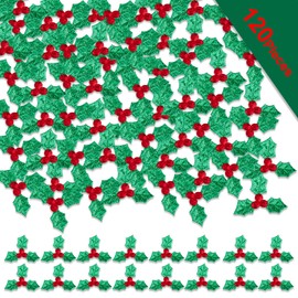 HOWAF 120 Pieces Christmas Holly and Berry Christmas Embellishments, Mini Craft Berry Greens Leaf Sequins, Fabric Leaf Confetti for Christmas Party and Birthday Party Decorations