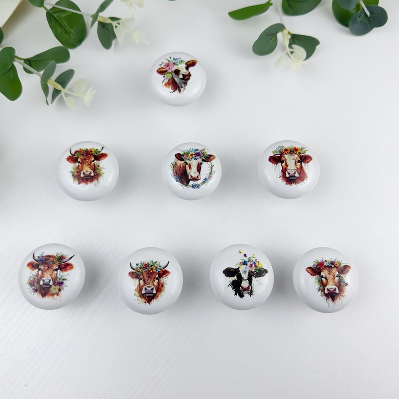 JamJam Set of 8 1.5" Ceramics Cow and Flower Knob
