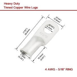 25Pcs 4 AWG 5/16" Stud Tinned Copper Ring Terminals Battery Cable Ends Wire Lugs 4 Gauge Battery Cable Lugs Heavy Duty Cable Lugs Bare Copper Eyelets Tubular Ring Terminal Connectors