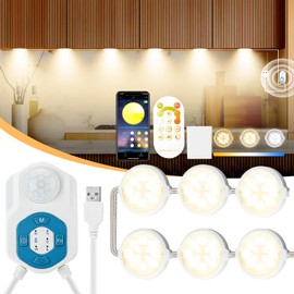 Motion Sensor Under Cabinet Lights,LED Under Counter 6 Puck Lights with APP&Remote&Sensor,3 Work Modes,3 Colors,Timers,Motion Activated or No Motion Light On Dimmable Night Light12Ft for Home,Closet