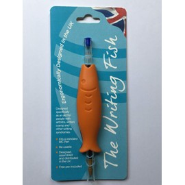 Penline THE WRITING FISH. Grip ergonomically designed in the UK as an aid for people with arthritis, grip difficulties, writers cramp and other writing syndromes. Blue ink