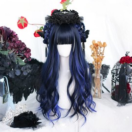 Long Wig, Curl, Lolita, Gothic Lolita, Black Blue Low Light, Cosplay Wig, Curly Hair, Heat Resistant Wig, Fluffy, Costume, Event Wig Net Included