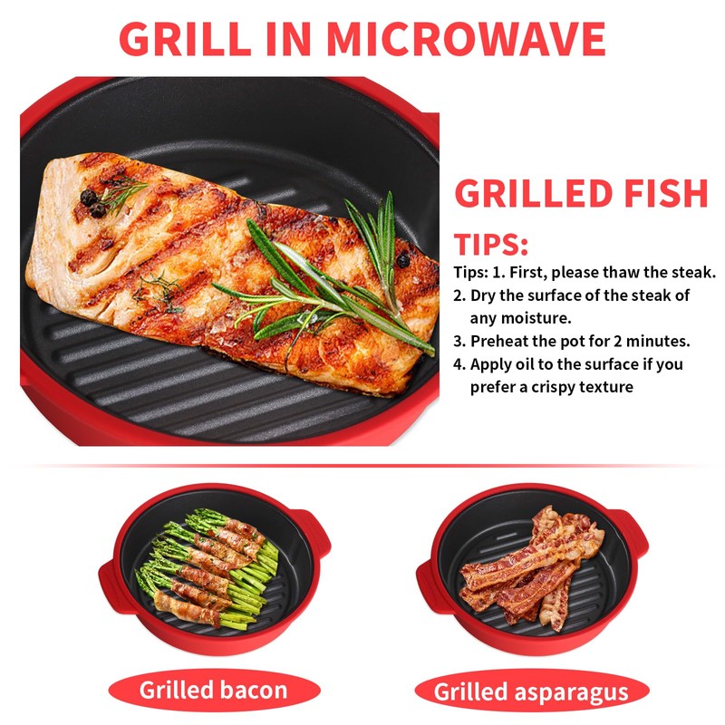 Microwave Grill Pan, Fry Griddle Crisper Pan with Lid for