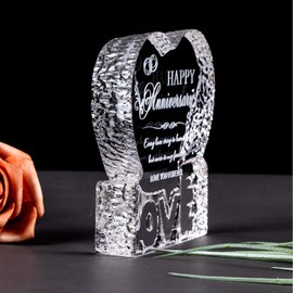 Movdyka Anniversary Wedding Gifts for Her Him Couple Crystal Love Heart Figurines Engraved Text with Happy Anniversary Romantic Gift for Wife Husband