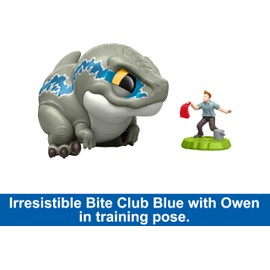 Mattel Jurassic World Bite Club Dinosaur Action Figure & Accessory, Velociraptor 'Blue' Chubby-Stylized Toy Dino Collectible
