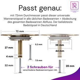 M. ROSENFELD HOME Gold Badewannenstöpsel Ø 72 - Gold Stöpsel Badewanne Gold aus Messing mit Doppel Dichtung - Rostfrei Badewannen Stöpsel Verschluss Badezimmer zubehör
