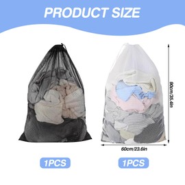 Mesh Laundry Bags, 2 Pcs Laundry Net Bags, 60 x 90cm Large Mesh Laundrys Bag with Lockable Drawstring Washing Machine Bag for Dirty Clothes Beddings Plush Toys(Black+White)