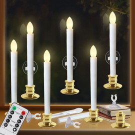CelebrationLight 6 Pack Flameless Taper Candles with Remote/Timer & Suction Cup, Battery Operated Flickering LED Window Candles, Vintage Christmas Electric Fake Candlesticks, Golden Holder