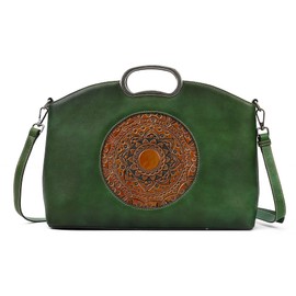 Genuine Leather Handbags for Women, Organizer Crossbody Bag Large Satchel Vintage Embossing Totem Shoulder Bag (1157-GREEN)