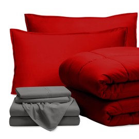 Bare Home Bed-in-A-Bag 7 Piece Comforter & Sheet Set - California King - Goose Down Alternative - Ultra-Soft 1800 Premium Bed Set (Cal King, Red/Grey)