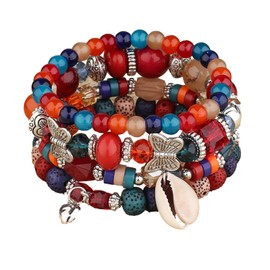 4Pcs Set Bohemian Shell Butterfly Heart Crystal Stone Stretch Pendant Bracelets for Women Beaded Stackable Stretch Bracelet Colorful Charm Jewelry Boho Summer Beach-Colorful