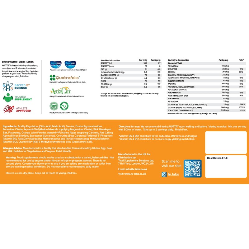 HR Labs WATTR™ Electrolyte Loaded Hydration Powder with Energising B