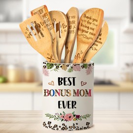 Taesun Bonus Mom Gifts, Mothers Day Bonus Mom Gifts from Bonus Daughter Ceramic Utensil Holder with Wooden Spoons Set, Bonus Mom Gift Cooking Tools Kitchen Utensils Set with Wooden Spatulas for 6