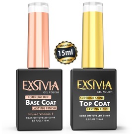 EXSIVIA Vitamin E Infused Base and Top Coat Nail Gel Strengthener, High Endless Glossy Shine, No Wipe, Chip Resistant, Nail Gel Polish Base and Top Coat, Soak Off LED UV Lamp Manicure Kit, 15mL