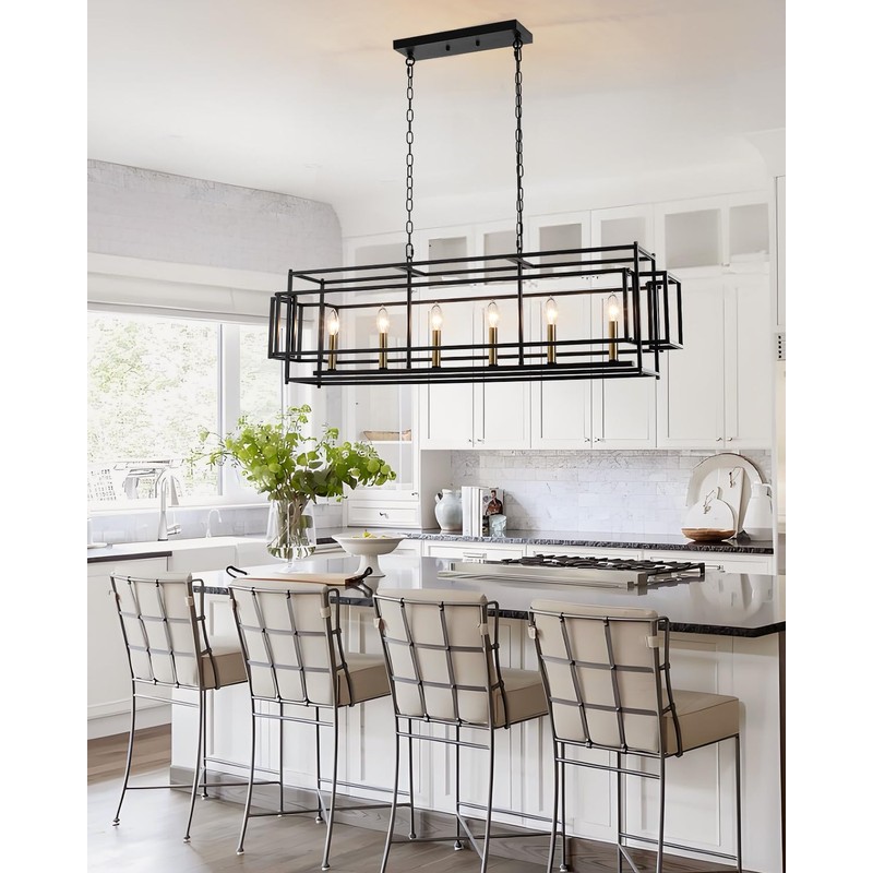 JWLUYN 6-Light Black and Gold Kitchen Island Lighting: 44 Inch