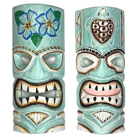 Set of 2 – Aqua Teal Tiki Mask – Unique Hand Carved Wall Hanging or Freestanding Sculpture – Tropical Polynesian Flowers and Hawaiian Sea Turtle – Tribal Party Beach Luau Bar Decor