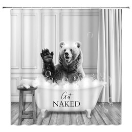 Funny Bear Shower Curtain Cute Bear Waving Hand Say Hello Bubbles in Bathtub Farmhouse Wildlife Wooden Bathroom Decor Fabric Curtains with Hook 70Wx70H Inches