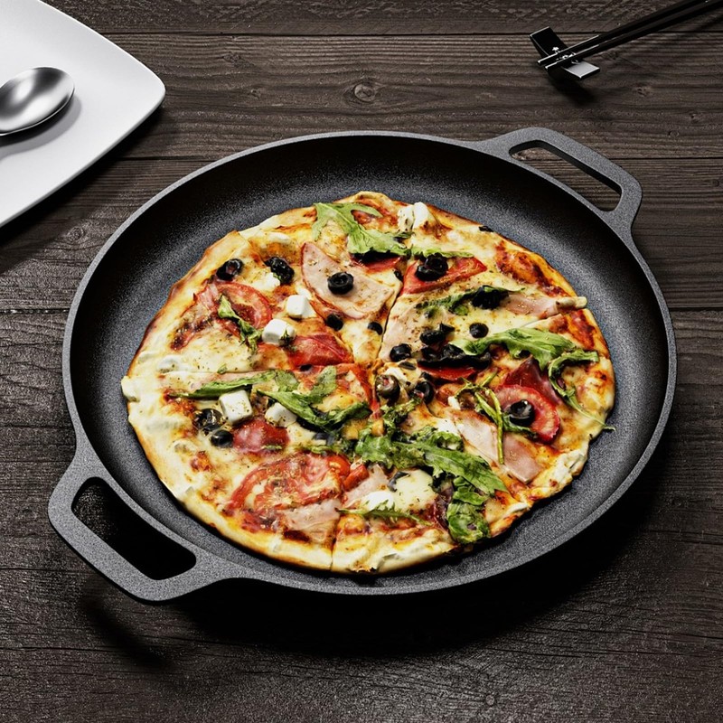 ZEMBSOYA 14Inch Cast Iron Griddle, Thickened Double Ears Pizza Pan,