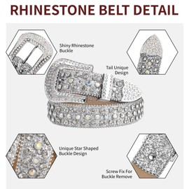 MUKINGBELTS Western Plastic Buckle Rhinestone Belt for Men & Women – Bling Crystal Studded Cowboy Leather Belt, AB Sliver (Fits Waist 30-32")