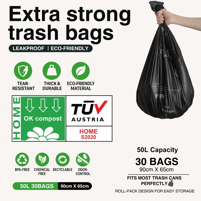 Pastiko 100% Compostable Biodegradable Bin Liners 50L Plant Based Garbage