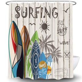 Rustic Beach Shower Curtains, Tropical Surfboard Palm Tree on Beige Wooden Plank Summer Surfing Shower Curtain for Bathroom Decor Polyester Fabric Bathtub Curtain with Hooks Waterproof 69x70inches