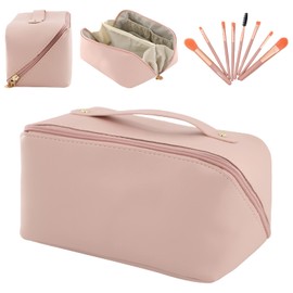 Travel Cosmetic Bag, Waterproof Portable with Handle and Divider Skincare Bag, Makeup Bag with 13PCS Burshes PU Leather Large Capacity Hanging Toiletry Bag New Version,Pink