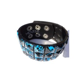 Blue Line Checkered Studded Black Leather Bracelet