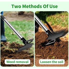 Weeding Puller Tool with Long Handle, 11 Tooth Manual Weed Rake Weeder Remover Tool Gardening with Gloves, Dandelion Gardenia Uprooting Tool for Yard, Lawn, Patio and Garden