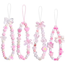 4 PCS Cute Phone Charms Aesthetic Y2K Cellphone Wrist Strap Bedazzling Bear Bow Butterfly Flower Heart Star Accessories Pink Beaded Phone Chain String for Bag Keychain Airpods Camera Pendants Decor
