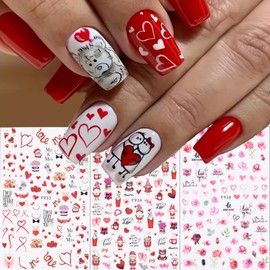 Valentine’s Day Nail Art Stickers Decals 6Pcs Heart Nail Art Decals Love Bear Rose Flower Heart Gnome Design 3D Self-Adhesive Valentines Nail Stickers Supplies for Women Girls DIY Nail Art Decoration