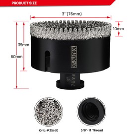 DT-DIATOOL Diamond Core Drill Bit 3 Inch Tile Hole Saw with 5/8"-11 Thread Drilling for Ceramic Tile Procelain Tile Marble Granite