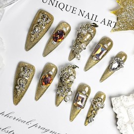 JODSONE Press on Nails Gold Rhinestone Almond Shape Handmade 3D Fake Nail Tips Reuseable Fashionable Design Long Lasting Fit Easy to Create Exquisite Fingertips- Medium