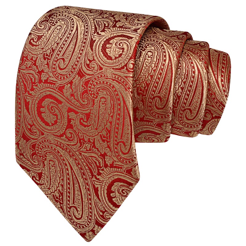 GUSLESON Mens Gold Red Tie Paisley Wedding Solid Silk Necktie