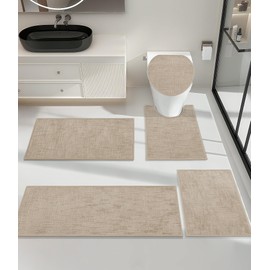 YIHOUSE Bathroom Rug Set 5 Piece, Non Slip Quick Dry Absorbent Bathroom Mat Set, Ultra Thin Machine Washable Low Pile 5 Piece Bath Mat for Bathroom Sink, Beige
