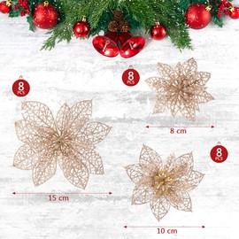 Naler 24-Piece Christmas Flowers Glitter Flowers Christmas Decoration Christmas Tree Decoration Poinsettia for Christmas Tree Advent Wreath, Gold