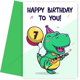 7th Birthday Card for Boy - 7 Year Old Birthday Card for Great Grandson, Son, Nephew, Brother or Boys - Funny Green Dinosaur Bday Cards