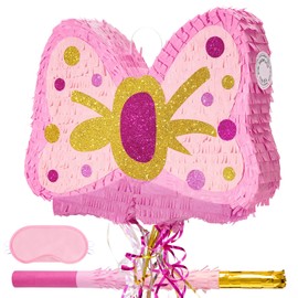 WERNNSAI Bow Piñata - Pink Birthday Party Decoration for Girls Bow Tie Piñata with Blindfold and Bat for Kids Princess Theme Birthday Party Supplies